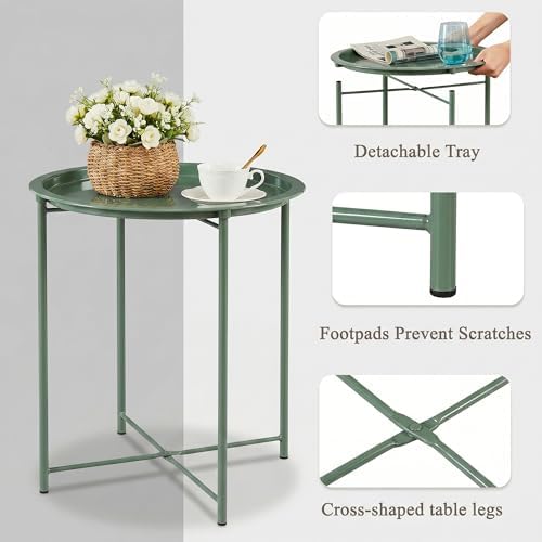 VECELO Side/End Table, Folding Round Metal Anti-Rust and Waterproof Outdoor or Indoor Tray for Living Room Bedroom Balcony and Office, 2 PCS, Dark Green - Image 5