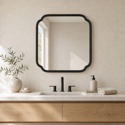 Ferytange 24 x 24 Inch Matte Black Metal Framed Bathroom Vanity Mirror, Rounded Rectangle Wall Mirror, Shatterproof HD Float Glass for Bedroom Living Room Horizontal/Vertical - Image 6