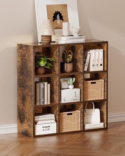GTPLAYER 9-Cube Storage Organizer, Fits 11" Bins, Vertical or Horizontal Use, Opening Bookshelf, Partial Back Panels, Design Bookcase, for Living Room, Media Console, Hallway, Rustic Brown by GTPLAYER