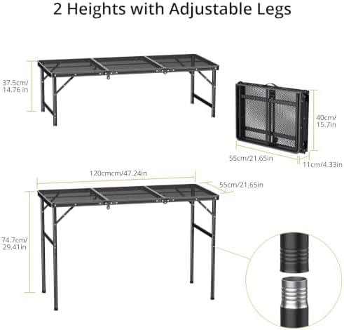 Anbte 3ft Tri-fold Grill Table, 2 Adjustable Heights Max 29.5", Black - Image 3