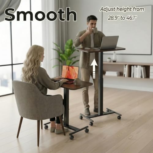 HUANUO Small Rolling Laptop Standing Desk, Height Adjustable Mobile T-Base Desk with Lockable Casters, Portable Sit-Stand Workstation for Bedside & Sofa, Walnut (Pack of 2) - Image 4