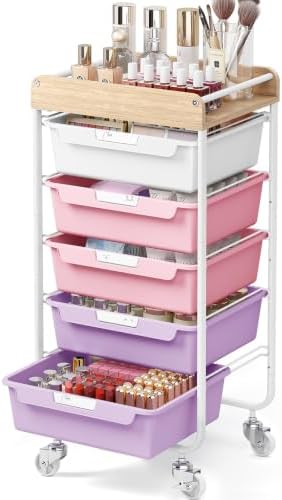 SYKIARIOL Utility Cart with 5 Labeling Drawers and Wooden Tabletop,Purple by SYKIARIOL