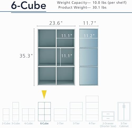Homes: Inside + Out Apexa 6-Cube Storage Organizer Shelves, Stackable Wood Bookcase Fits Cubby Bins for Organization, Dorm Teen Room Decor & Home Office, Light Blue - Image 3