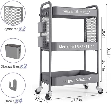 TOOLF 3 Tier Rolling Cart, Metal Utility Storage Cart with Pegboard, Grey | 2 Bins & 4 Hooks, Screwless Assembly, Lockable Wheels, Trolley Organizer for Bathroom, Kitchen, Office, Dorm, Craft Room - Image 6