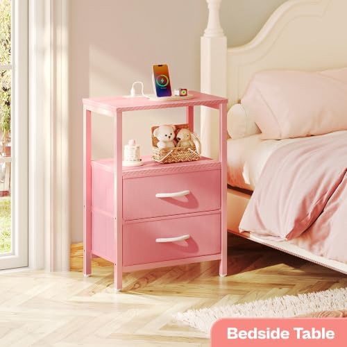 Huuger Nightstand with Charging Station, Side Table with Fabric Drawers - Image 3