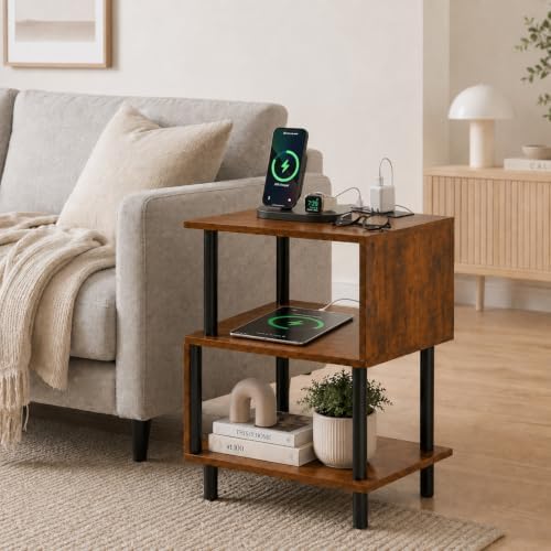 Frylr Side Table, Night Stand and End Table with Power Outlets and USB Ports, Strong Metal Frame, 44lb Capacity per Tier and Leveling Feet for Bedroom, Bedside, Living Room Small Space, Rustic Brown by Frylr