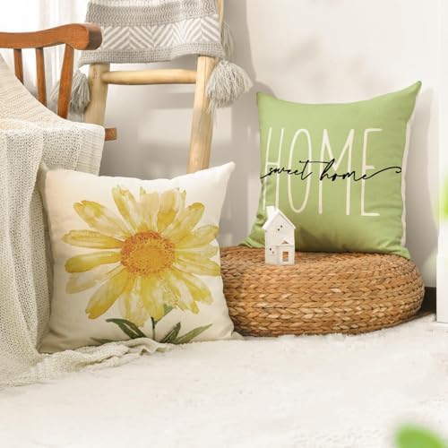 AVOIN colorlife Home Sweet Home Spring Summer Flowers Green Throw Pillow Covers, 16 x 16 Inch Cushion Case for Sofa Couch Set of 4 - Image 5