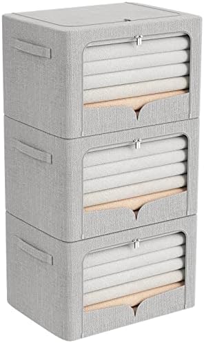 FHSQX 3 Pack Clothes Storage Bins Foldable Metal Frame Storage Box Extra Large Stackable Linen Fabric Organizer Set with Carrying Handles and Clear Window (Light Gray, 23.6x16.5x15.7inch(100L)) by FHSQX