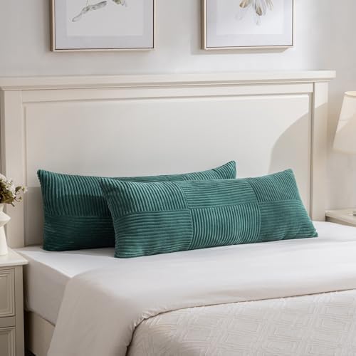 Fancy Homi Set of 2 Teal Boho Long Lumbar Body Decorative Throw Pillow Cover 14x36 Inch for Bed Couch Bedroom Bench, Soft Patchwork Corduroy Textured Pillow Case, Rustic Farmhouse Room Décor by Fancy+Homi