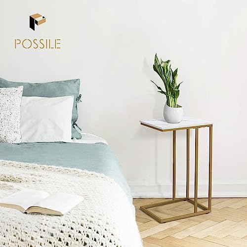 Possile C Shaped End Table Set of 2, Small Side Table for Sofa and Bed, Couch Tables That Slide Under, Snack Side Table for Living Room, Bedroom, White Faux Marble and Gold - Image 2