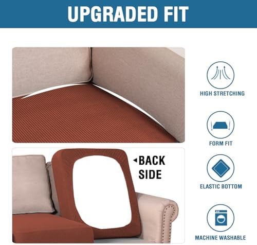 H.VERSAILTEX Super Stretch Individual Seat Cushion Covers - Sofa & Couch Cushion Slipcover Sets - Thick Jacquard Textured Twill Fabric (3 Piece, Rust) - Image 6