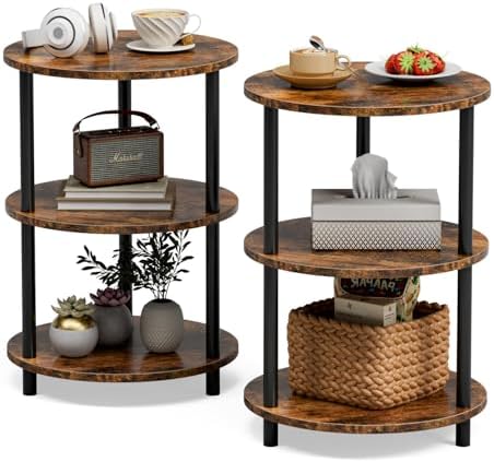 XBurmo Small Round End Table - 3 Tier Design Accent Table, Narrow Side or Bedside Stand, Industrial Vintage Nightstand for Bedroom, Living Room, or Small Spaces, Set of 2, Rustic Brown by XBurmo