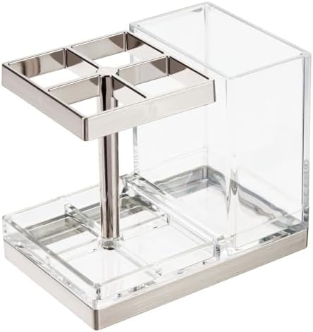 mDesign Plastic Toothbrush and Toothpaste Storage Organizer Holder - Home Decor for Bathroom Countertop - Holds Toiletries and Beauty Accessories - Lumiere Collection - White/Chrome by mDesign