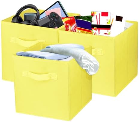 3 Pcs Storage Cubes, 10.5 Inch Collapsible Storage Bins, Fabric Foldable Bins for Organization, Durable Storage Bins for Closet, Shelves, Offices (Yellow) by Zuihug