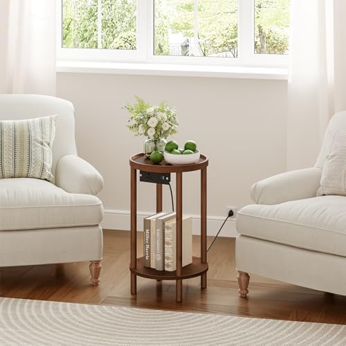 HOOBRO Small Round Side Table with Charging Station, 2-Tier Round Bamboo End Table, Compact Sofa Bedside Table for Small Space, Easy Assembly, for Living Room, Bedroom, Apartment, Mocha MA156UBZ01 - Image 5