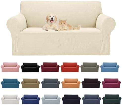 2025 New Stretch Loveseat Sofa Slipcovers Couch Cover for 2 Cushion Furniture Protector Sofa Covers with Elastic Bottom Small Checks for Pets, Kids - Beige by Cupuamon