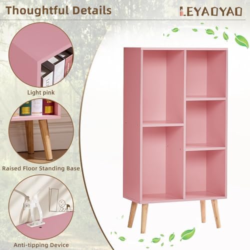 LEYAOYAO 5 Cube Bookshelf,Mid-Century Modern Bookcase with Legs,Light Pink - Image 5