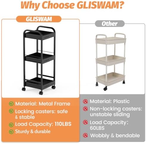 Expandable 3-Tier Metal Slim Rolling Storage Cart with Wheels - Image 6