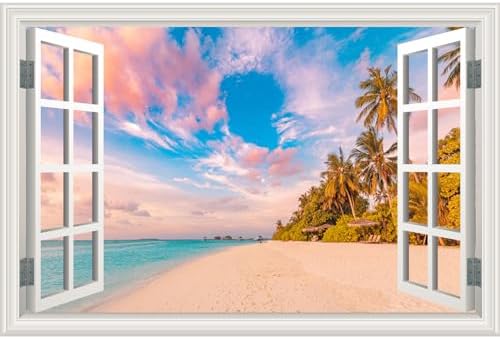 Fake Window Wall Decal - Summer Beach Seascape Ocean Scene Art Sticker | ｜Faux Window Natural Scenery Landscape Mural ｜ Stick and Peel Wall Decals｜Room Bedroom Office Decor｜48"x32",Set of 2 Sheets by Clickhere