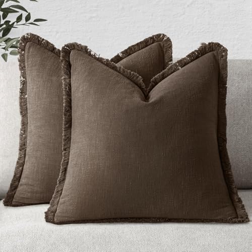 MIULEE Linen Fringe Decorative Fall Pillow Covers Chocolate Brown 20x20 by MIULEE