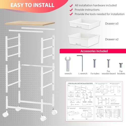Goovilla Rolling Cart with 5 Drawers for Craft, Art, Dorm, Office, White - Image 6