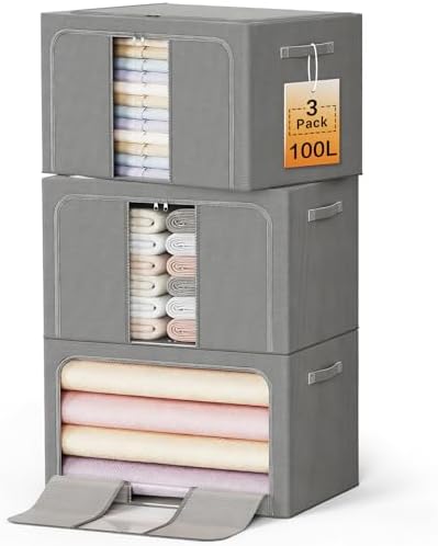 Clothes Storage Bins with Metal Frame, Foldable Clothes Organizers Storage Containers for Clothes, Sheets, Blankets, Pillows and Towels (100L, 3 Pack, Deep Grey) by LeArex