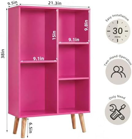 YAHARBO Small Pink Bookshelf,3 Tier Modern Kids Bookcase with Legs,5 Cube Wooden Bookshelves Storage Shelf,Book Shelves Organizer,Display Bookcases Cabinet for Room Nursery Study - Image 2