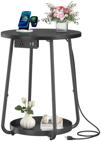 sthmec Small Round Side End Table with Storage and Charging Station, 2 Tier Round Bedside Sofa Couch Coffee Tables with Tray, Metal Nightstand for Small Spaces, Living Room Bedroom, Black by Unknown