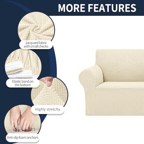 2025 New Stretch Loveseat Sofa Slipcovers Couch Cover for 2 Cushion Furniture Protector Sofa Covers with Elastic Bottom Small Checks for Pets, Kids - Beige - Image 5
