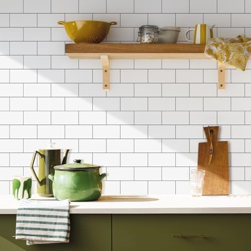 Vamos Tile 100-Piece Glossy Pure White Peel and Stick Backsplash Tile,3''x6'' PVC Subway Tile with Dark Gray Grout,Stick on Backsplash for Kitchen/Bathroom/Fireplace - Image 4