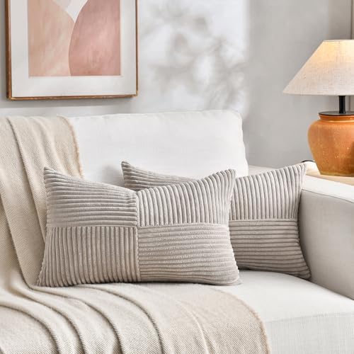 Fancy Homi 2 Packs Neutral Taupe Lumbar Decorative Throw Pillow Covers 16x26 Inch for Living Room Couch Bed Sofa, Farmhouse Home Decor, Soft Striped Corduroy Rectangle Accent Cushion Case 65x40 cm - Image 5
