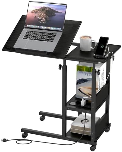 Hadulcet Adjustable C Table with Charging Station, Tiltable Desk C Shaped End Table for Couch, Over Bed Stand with Wheels Adjustable Height, Hospital Table Laptop Stand Drawing Desk, Black by Hadulcet
