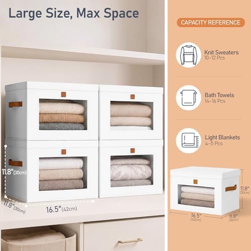 DIMJ Storage Bins with Lids - 6 Pack Front Opening Stackable Fabric Storage Boxes with Clear Window & Handles, Collapsible Closet Organizers for Clothes, Sweaters, Shelf Storage, Bedroom, White - Image 6