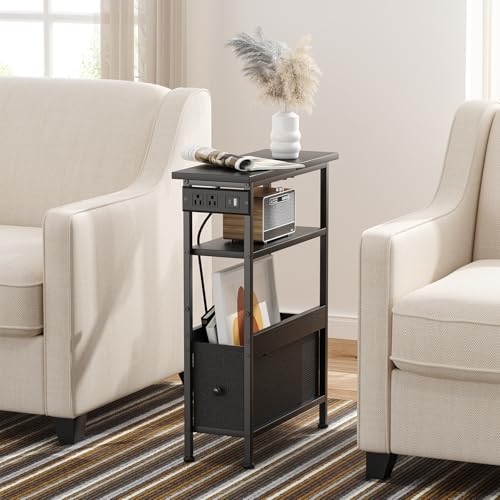 Creso hom Narrow Side Table with Charging Station and LED Light, End Table - Image 2