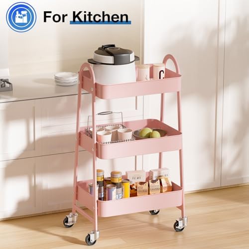 DUMOS 3 Tiers Rolling Cart, Utility Cart, Metal, Pink - Image 6