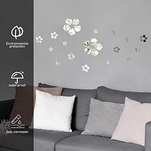 Philbinden Acrylic Mirror Floral Wall Stickers Self Adhesive Mirror Wall Decor Removable Mirror Decor 3D Flower DIY Wall Sticker for Living Room Bedroom Bathroom (Silver) - Image 5