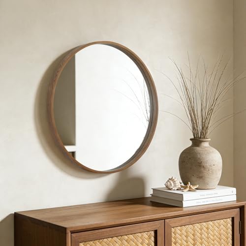 WallBeyond Wood Round Mirror with Wood Frame 24 inch Circle Wall Mirror for Bathroom Round Wall Mirror for Wall Decor, Vanity, Entryway Living Room (Walnut) - Image 3