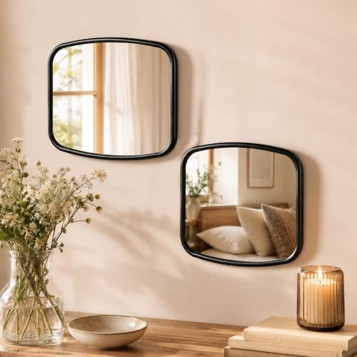 2 Pack Rounded Square Wall Mirror, 10"x12" Metal Framed Decorative Mirror with Real Glass, Aesthetic Curved Edge Vanity Mirror for Bedroom, Living Room, Black Wall Decor by OPULINEA