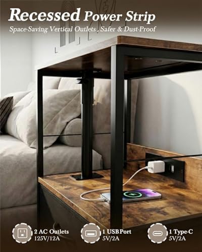 Faesun Swivel Lift Top Nightstand with Charging Station, Rolling Side Table for Recliner, Bedside Table with Wheels & 2 Fabric Drawers, for Small Spaces, for Bedroom, Living Room, Brown Black - Image 4