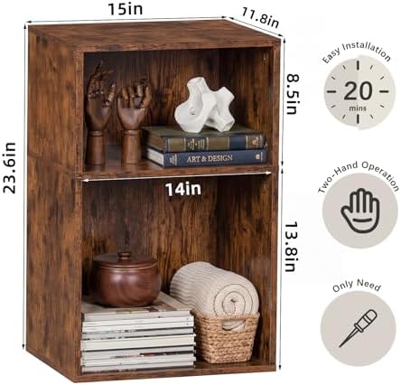 YAHARBO 2 Cube Bookshelf, Brown Record Player Stand with Vinyl Storage Up to 100 Albums, Horizontal Book Shelf, Small Cubby Bookcase with Storage Organizer, Turntable Stand for Living Room, Bedroom - Image 3