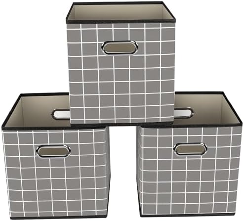 Yunkeeeper storage bins Cubes, Fabric Cube Organizer with Handle, Foldable Cube Bins for Cloth or Accessary Storage, 11x11x11, Set of 3,(Grey grid) by Yunkeeper