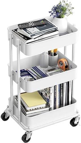 Simple Houseware 3-Tier Utility Cart, Low 24" Height Fits Under Desk, White - Image 4