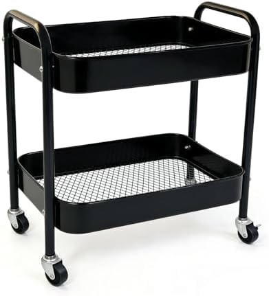 2 Tier Metal Rolling Utility Cart with Wheels Under Desk Storage Cart with Handle, Roll Around Organizer Trolley for Small Space Pantry Bathroom Home Kitchen Office Snack Baby Supplies, Black by Ufriandz