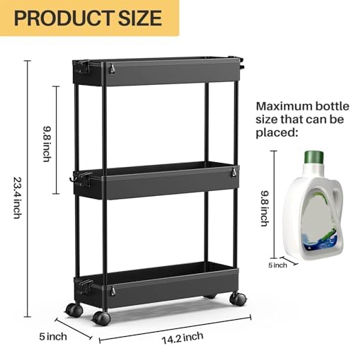 SPACEKEEPER Slim Rolling Storage Cart, 3 Tier Bathroom Storage Organizer Laundry Room Utility Cart Mobile Shelving Unit, Multi-Purpose for Kitchen Office Bathroom Laundry Narrow Places, Black - Image 2