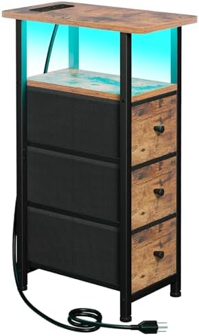 LOAKEKEL Narrow End Table with Charging Station, Small Nightstand by LOAKEKEL
