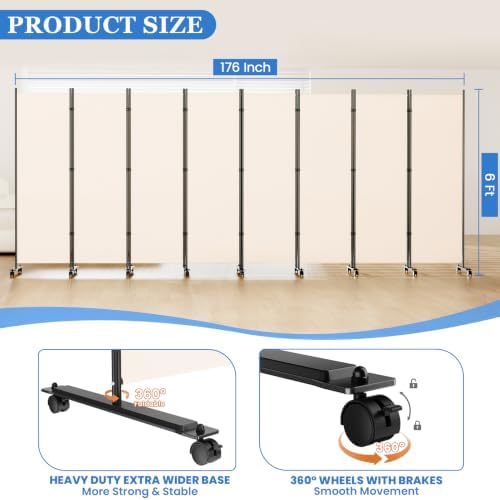 SUNALLY Room Divider Privacy Screens, 8 Panels Dividers with Wheels, Beige - Image 2