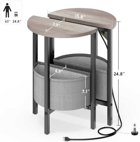 Vagusicc Round Side Table with Charging Station, Round End Table with Fabric Basket, Accent Table Coffee Table, Set of 2 Half Moon Tables, Bedside Table, Modern LED Nightstand for Living Room, Grey - Image 3