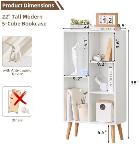 LEYAOYAO 5 Cube Bookshelf, Mid-Century Modern Book Shelf with Legs, White - Image 2