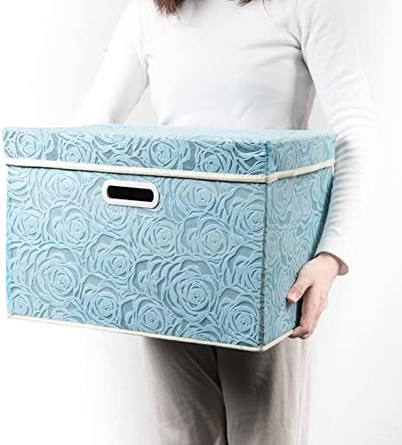 PRANDOM Larger Collapsible Storage Cubes with Lids Fabric Decorative Storage Bins Boxes Organizer Containers Baskets with Cover Handles for Bedroom Closet Living Room Blue 17.7x11.8x11.8 Inch 3 Pack - Image 6