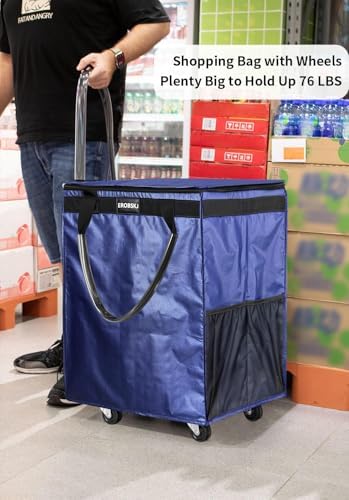 (Medium, Navy) Reusable Grocery Bag on Wheels, 70L Foldable Rolling Tote, Extra Storage for Shopping, Zipper Clouser Shopping Carts for Groceries, Laundry, Organization, Moving,4 Heavy Duty Wheels - Image 2